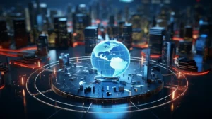 3D globe on futuristic city model.