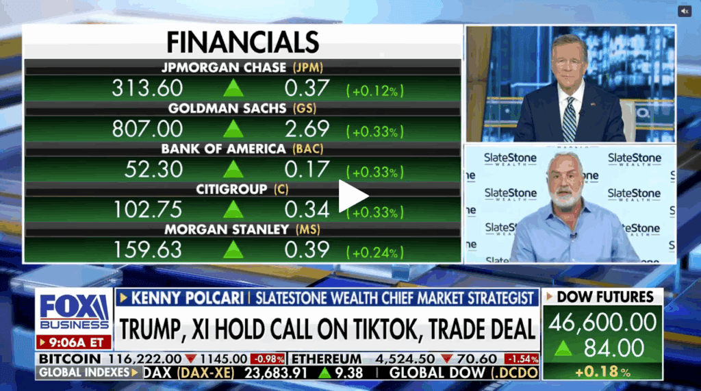 Financial news broadcast showing bank stocks list