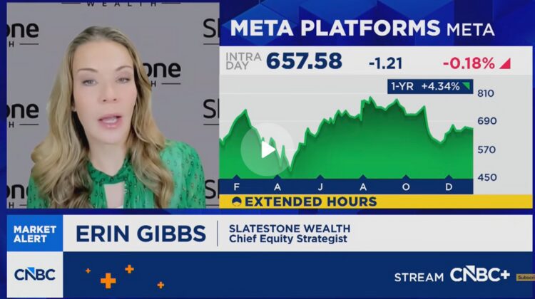 TV financial commentator beside Meta stock chart