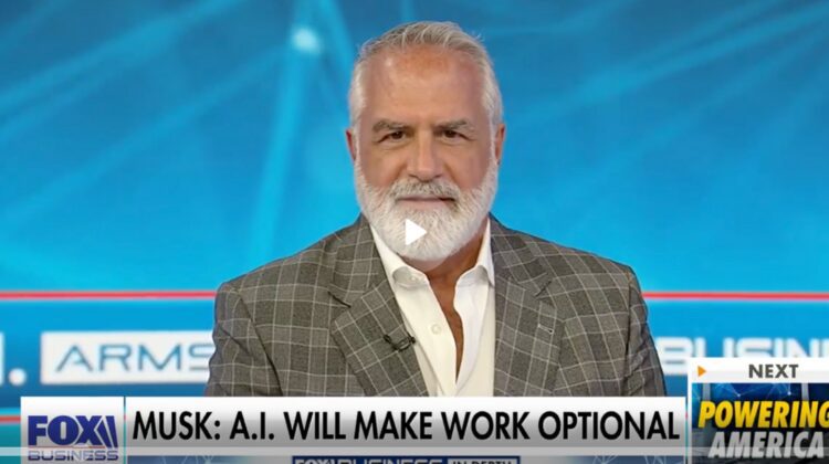 Bearded man on business news television set
